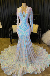 Glamoroso vestido de fiesta de manga larga con lentejuelas y corte sirena en oferta